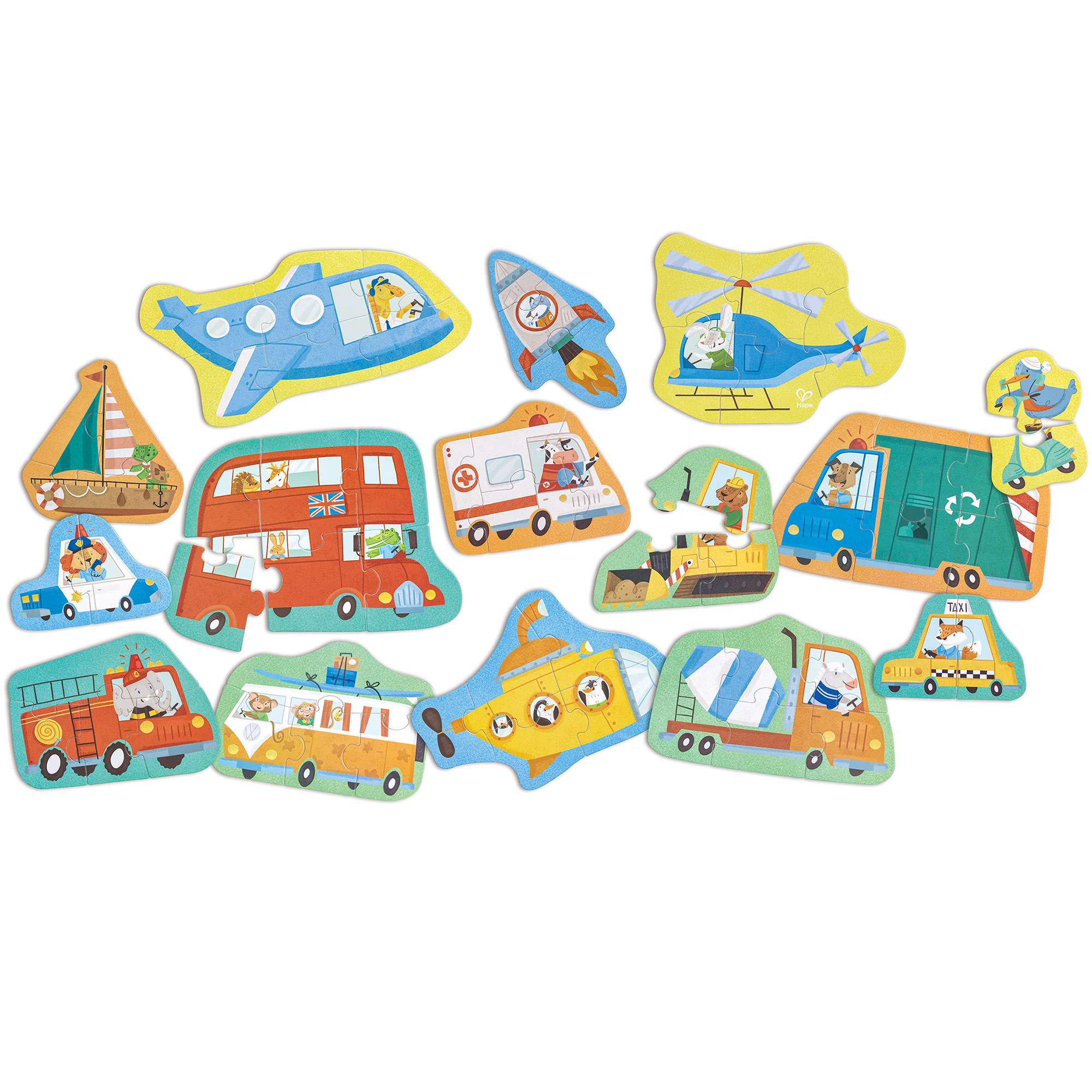 Hape: Wheels & Wonders Puzzle - 15 Mini Vehicle Shaped Puzzles, 2-6 Oversized Pieces Each, Animal & Transportation Themed, Toddlers & Kids Ages 18mo+