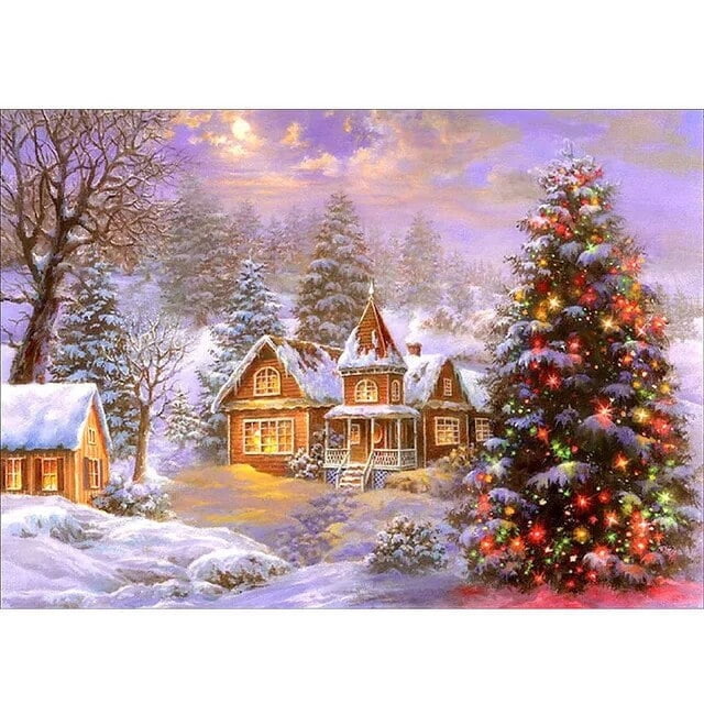 HOMFUN-pintura de diamante redondo/cuadrado 5D DIY "Casa nieve paisaje de invierno", bordado de punto de cruz, decoración de diamantes de imitación completa
