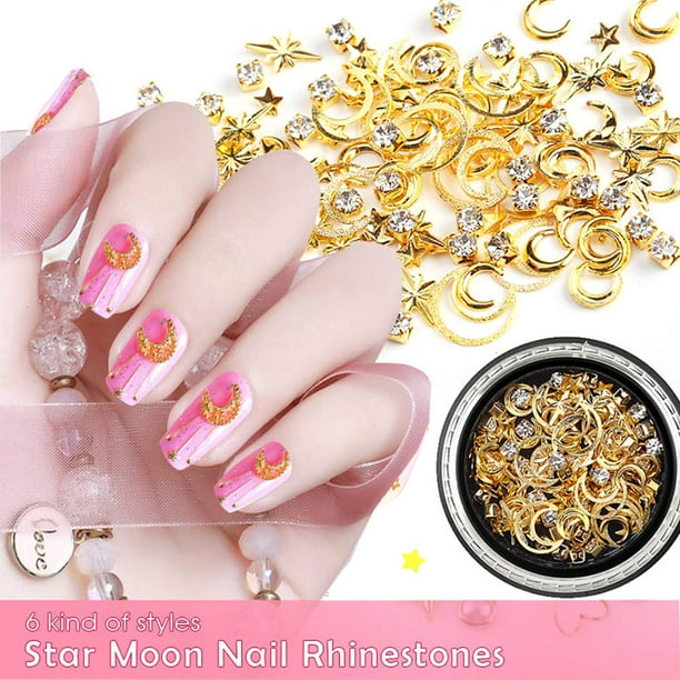 WEILUSI Nail Art Studs 3D Summer Metal Nail Charms Sparkle Gold Silver Metal  Nail Studs Jewels Mix Shapes Star Moon Shell Starfish Feathers Rivet DIY Nail  Art Decorations Manicure Kit with Tweezers