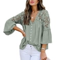 thumbnail image 2 of Sonducket Camisa de mujer con cuello en V Camisa de encaje Blusa en V Color sólido Botón de manga larga Top Prendas para la parte del cuerpo Verde M, 2 of 6