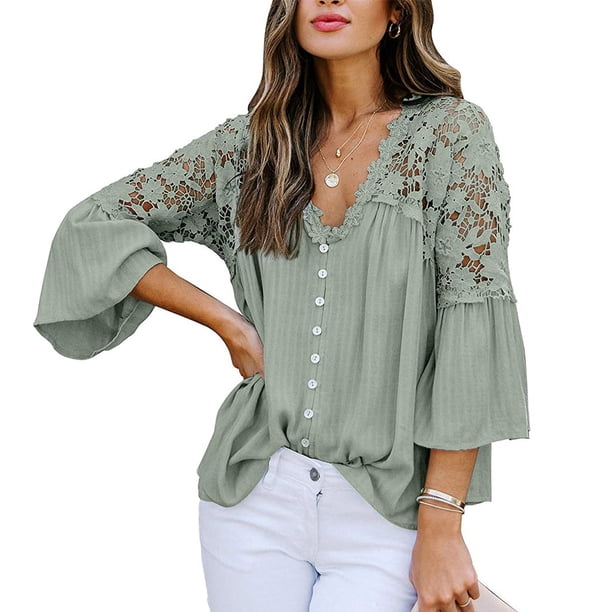 Qarigey Camisa de mujer Blusa de encaje con cuello en V Camisa de color sólido V Botón de manga larga Top Prendas para la parte del cuerpo Verde S
