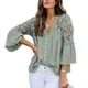thumbnail image 2 of Sonducket Camisa de mujer con cuello en V Camisa de encaje Blusa en V Color sólido Botón de manga larga Top Prendas para la parte del cuerpo Verde S, 2 of 6