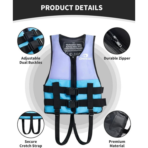 Kids and Adult Swim Jackets 50 to 125 lbs Dual Buckles, Zipper and Crotch Strap Ski Vest Lightweight PFD Perfect for Kayaking, Fishing, Paddle Board