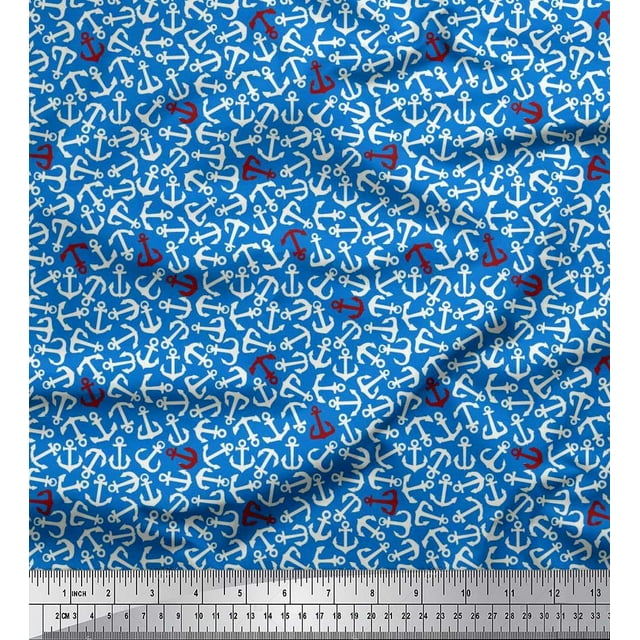 Soimoi Poly Georgette Fabric Anchor Hook Nautical Decor Fabric Printed Yard 52 Inch Wide