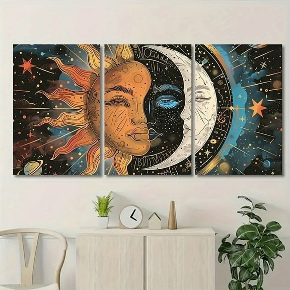 3pcs Celestial Canvas Art Set - Unframed Sun and Moon Phase Wall Decor, Modern Abstract Space-Themed Paintings for Living Room, Bedroom, Home Office - 40x60/50x70cm, Moon Decor