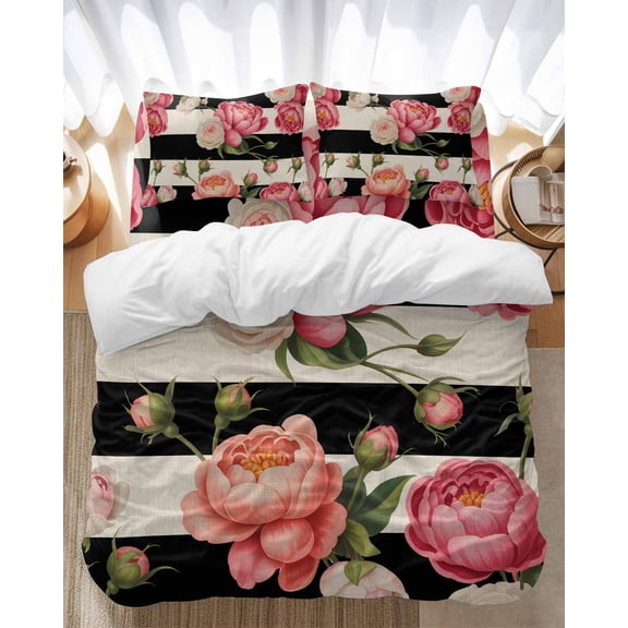 Pink Peony Bedding Duvet Cover Set Twin Size 4 Pieces Flowers Black And White Stripes Linen Texture Bedding Set with Zipper Closure, 1 Comforter Cover 68x86 Inches 1 Flat Sheet & 2 Pillow Cases