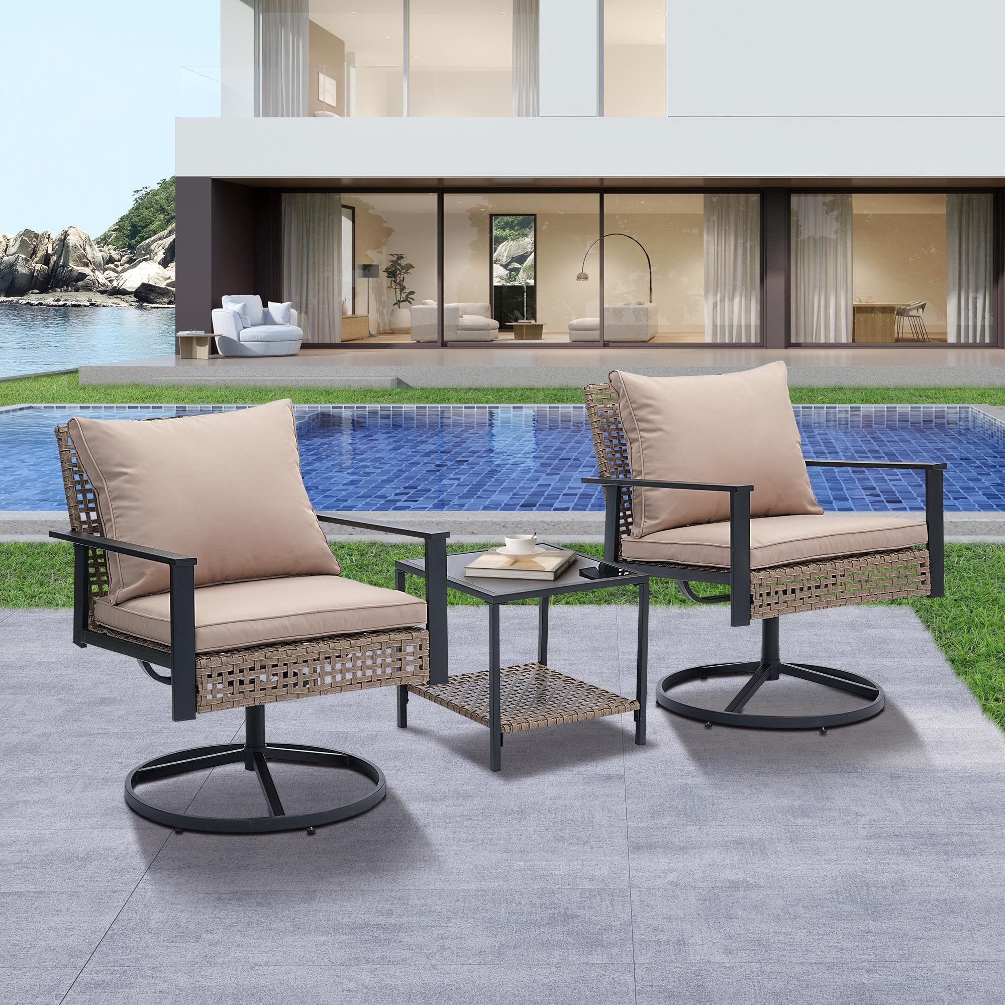 Ainfox Premium Patio Swivel Bistro Set,Wicker Rattan Rocking Chairs w/Glass Top Table & Cushions,Khaki