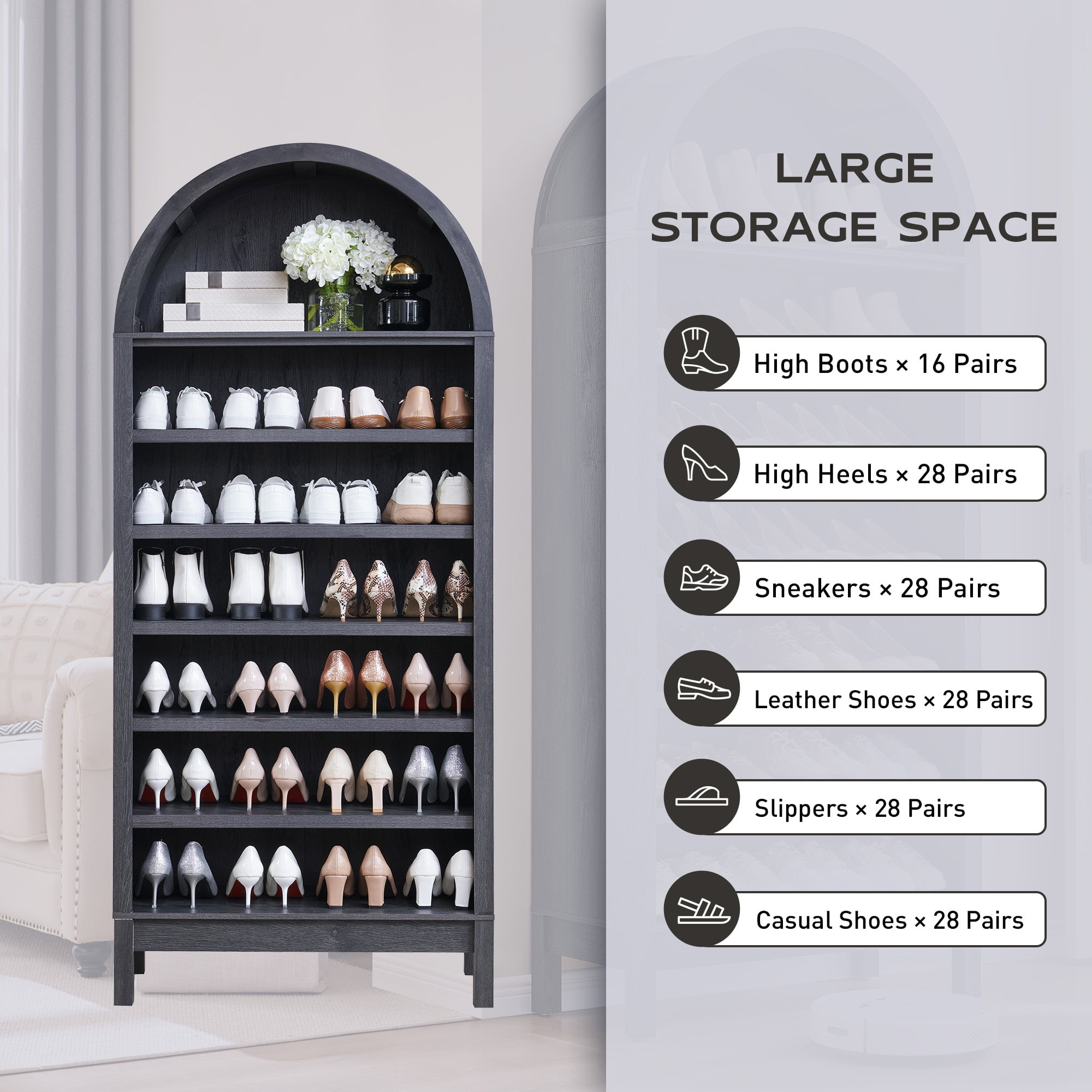 SinCiDo Tall Arched Bookshelf, 7-Tier Open Shelf Bookcase, Medium Density Fiberboard
