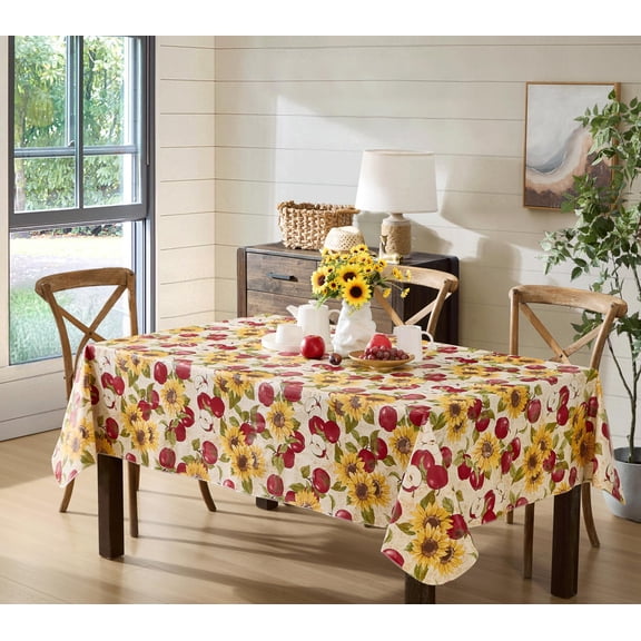 Daybreak Red Apples and Sunflowers 52 x 70 Inch Rectangle Vinyl Tablecloth with Flannel Backing