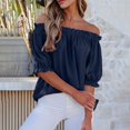 thumbnail image 4 of YVNAURA Women Off The Shoulder Puff Sleeve Blouse 2026 Summer Cute Casual Top Loose Fit Short Sleeve Lightweight Breathable Dressy Beach Vacation Going Out T Shirt Daily Wear, Navy,L, 4 of 6