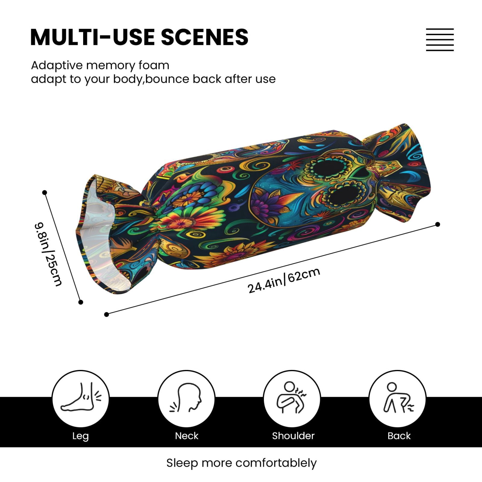 Candy Throw Pillow Travel Cervical Pillow Cylindrical Neck Body Cushion With Insert For Bed Couch Home Decor 9.8x24.4in Festive Sugar Skulls (10)
