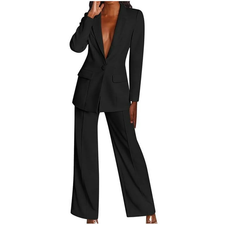 Xysaqa Women's Long Sleeve Blazer Suits with Work Long Suit Pants Solid  Color 2 Piece Outfits for Women Casual Business Elegant Suit Set