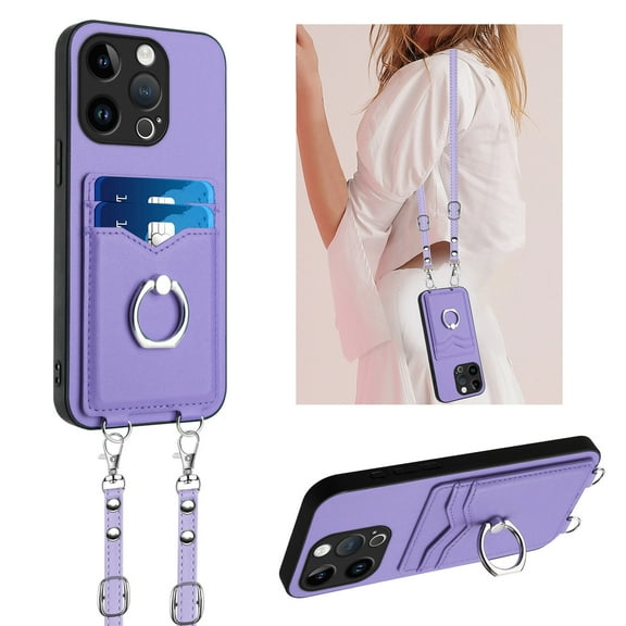 Allytechgroup iPhone 16 Case with Cards Holder, Crossbody Shoulder Strap Ring Holder Kicsktand Bumper Shockproof Slim Fit Wallet Case Cover for Applle iPhone 16, Purple