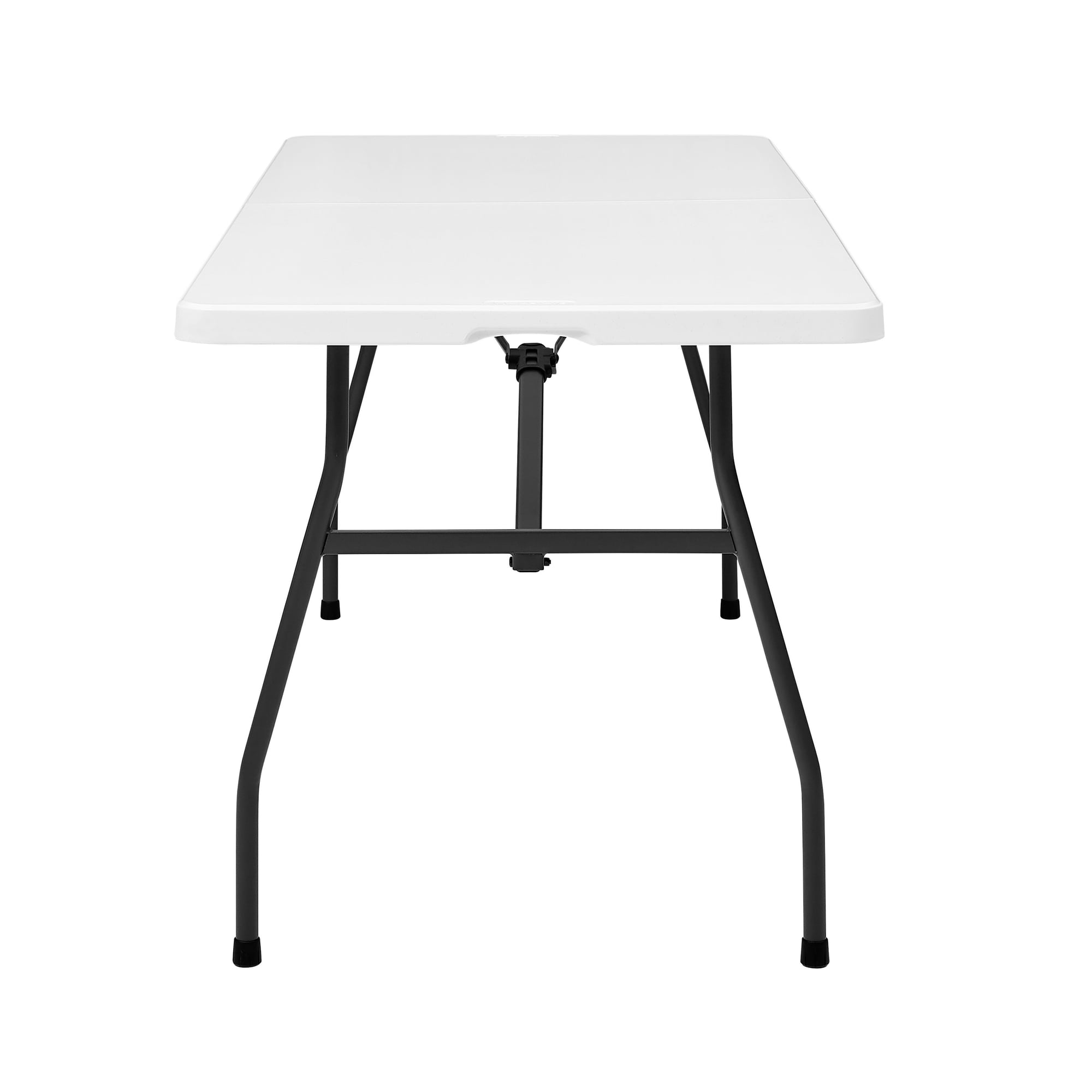 Mainstays White 6 Foot Fold-in-Half Plastic Table, Indoor Outdoor, Scratch Resistant, Stain & UV Damage, Built-in Carry Handle