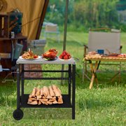 44" Multifunctional Grill Cart - 430 Stainless Steel Top with Spice Rack & Hooks, 110LB Capacity - Mobile BBQ Prep Station for Outdoor Cooking (Black)