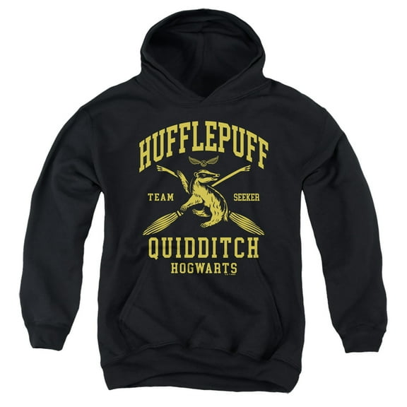 Harry Potter Hufflepuff Quidditch Arch Youth Kids Boy/Girls Pull-Over Hoodie, Black, Medium