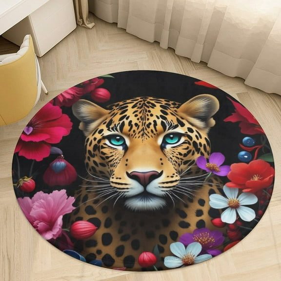 Tropical Floral Leopard Print Round Area Rugs for Bedroom Living Room, 4FT Soft Comfy Indoor Circle Carpets, Floor Mat