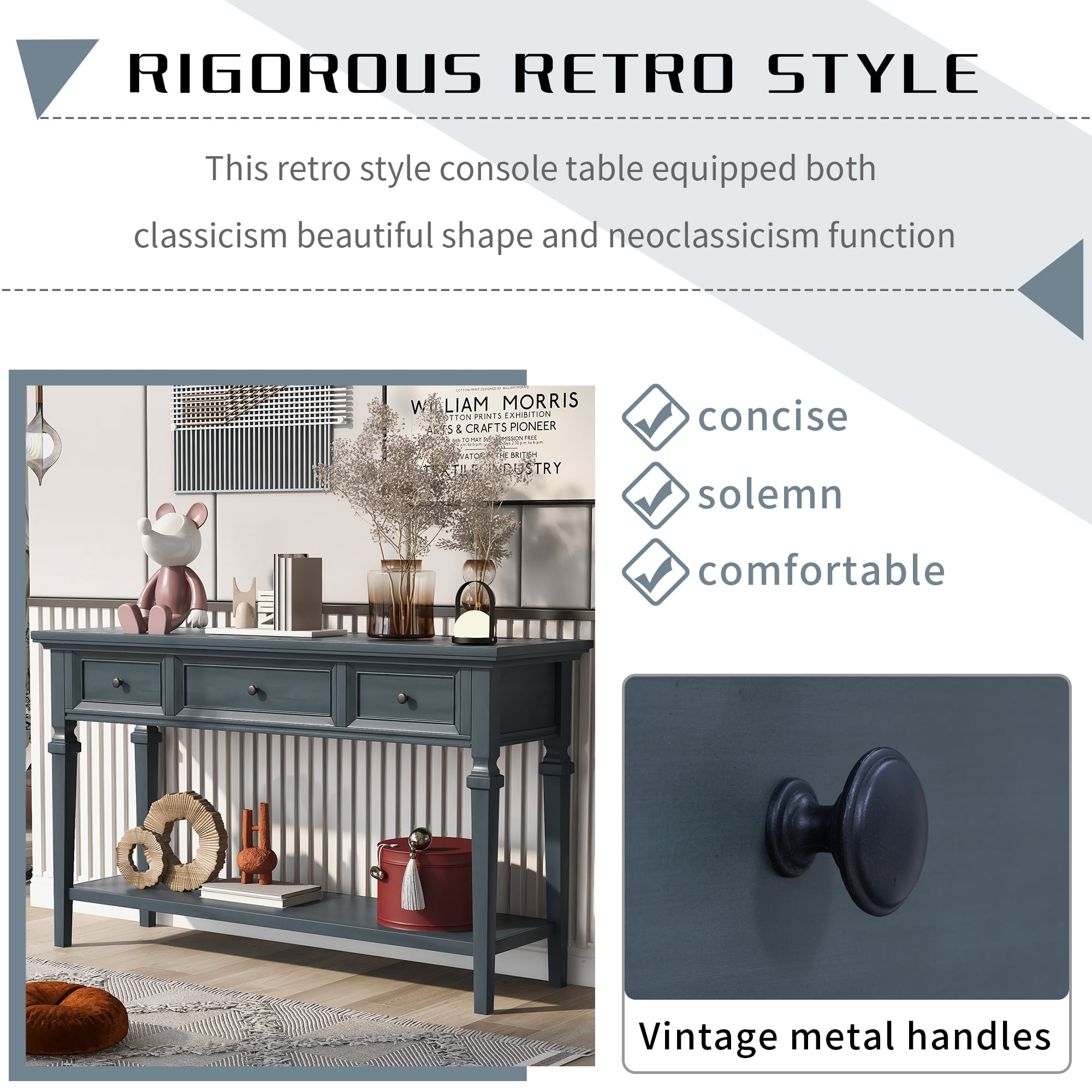 Noble House Classic Retro Style Console Table with Three Top Drawers and Open Style Bottom Shelf for Entryway, Hallway and Living Room, Navy