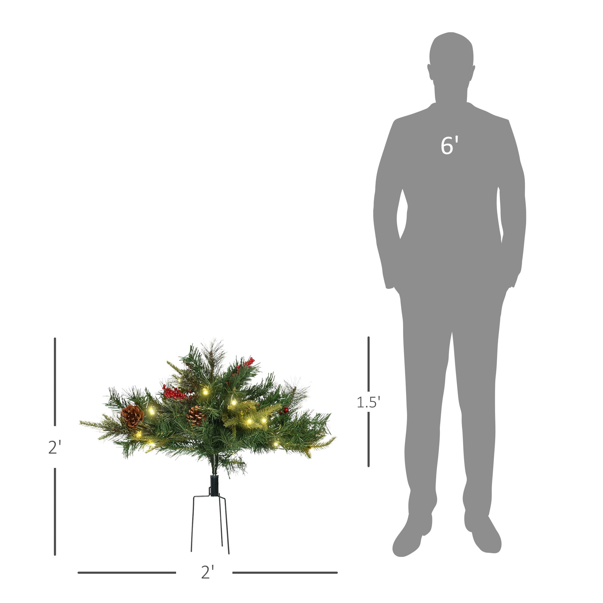 Prelit Artificial Christmas Tree, 2 ft Cordless with Warm White LED Lights, Red Berries and Pine Cones for Outdoor Entryway