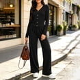 thumbnail image 4 of Women's 2 Piece Casual Knit Set V Necklinen Full Buttom Down Top Wide Leg Pants Casual Suits for Fall Black M, 4 of 6