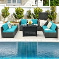 thumbnail image 2 of Patiojoy 9 PCS Rattan Dinning Set Wicker Sofa w/Propane Gas Fire Pit 60,000 Btu Heater Turquoise, 2 of 10