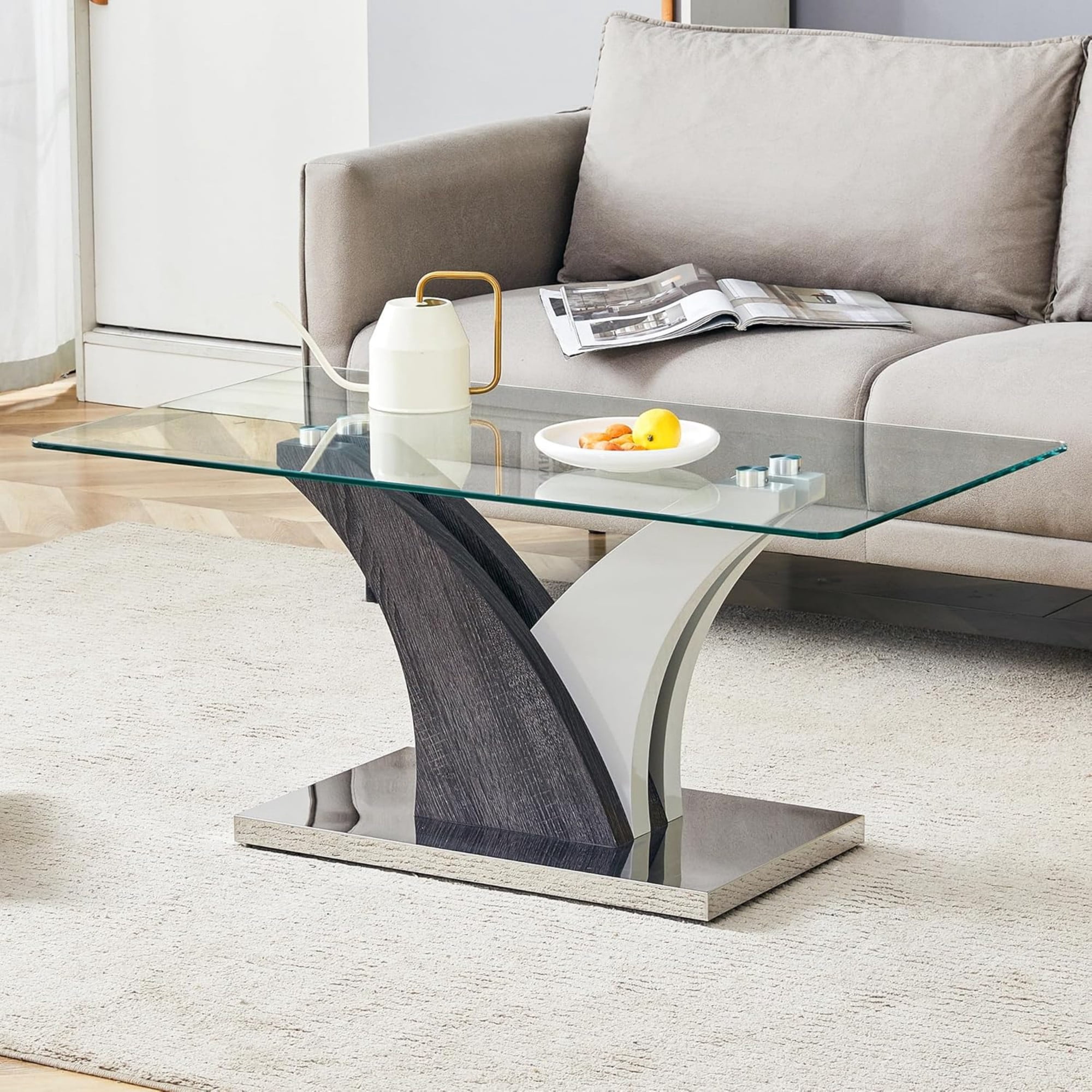 SUDICA 39" Tempered Glass Coffee Table, Modern Center Table with Wood Grain Metal Base