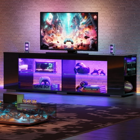Pinmoco LED TV Stand for TVs up to 80", Gaming Entertainment Center with Side Bookshelf and 4 Open Shelves, Black