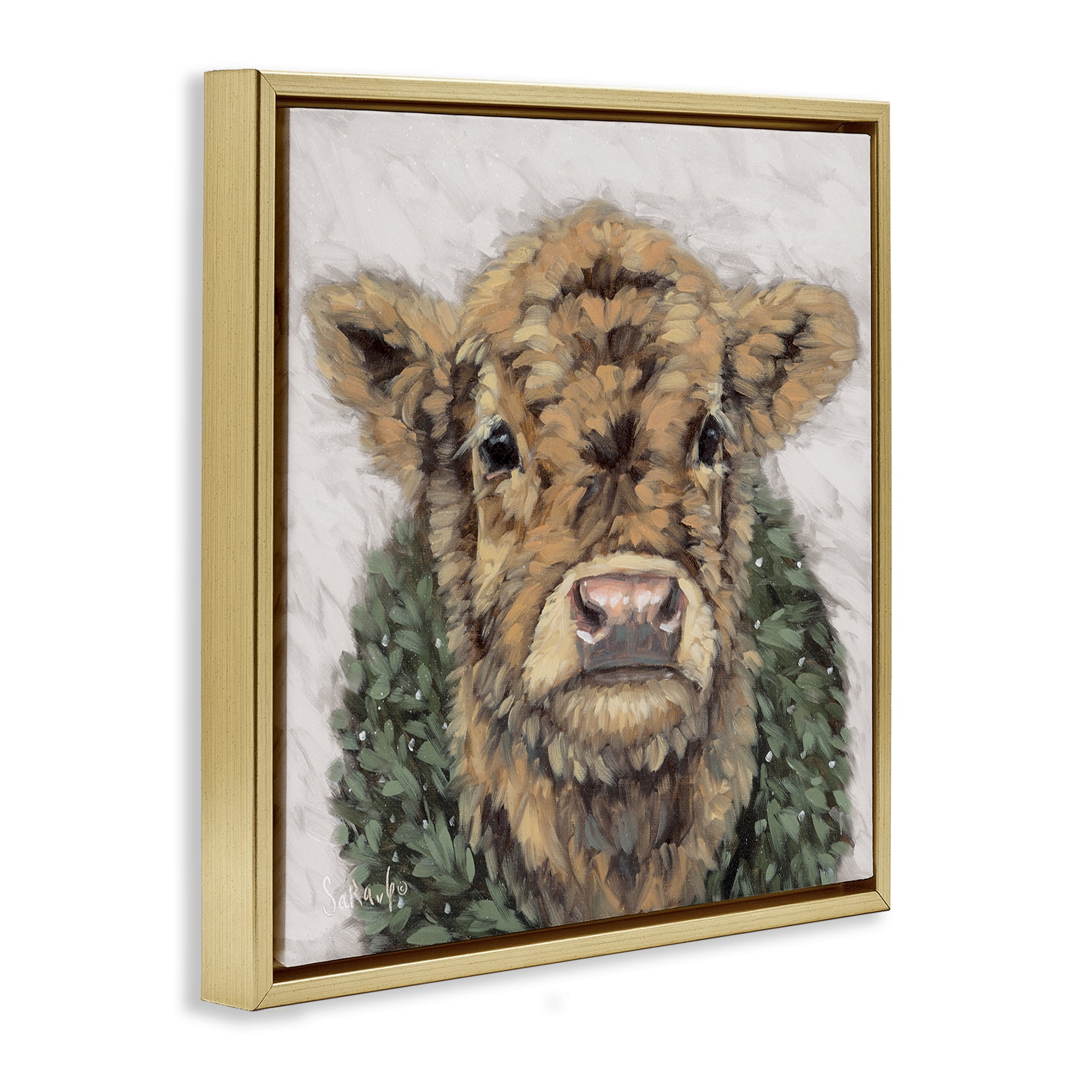 Stupell Industries Calf with Holiday Wreath Holiday Painting Gold Floater Framed Canvas Art Prints Wall Art, 25 x 25