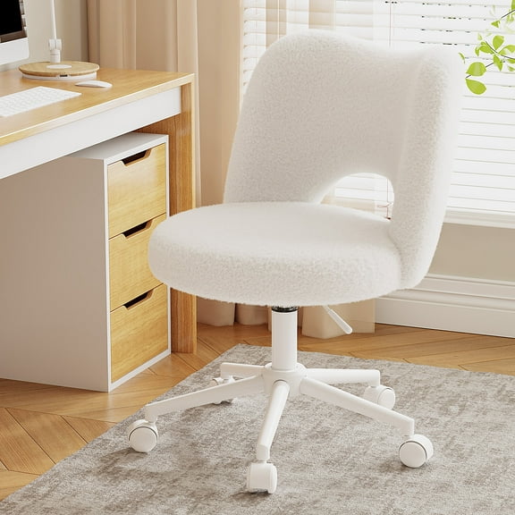 Romorgniz Adjustable Vanity Chair with Backrest Teddy Velvet Swivel Desk Chair with Wheels, Space-Saving Makeup Computer Chair, Beige
