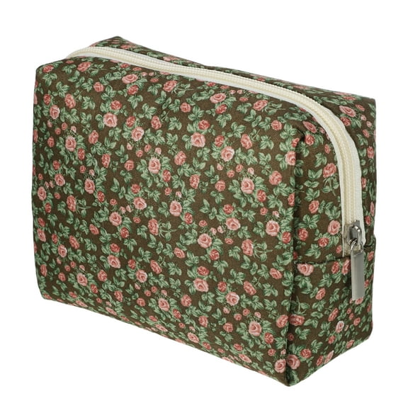 1 Pc Women Portable Peony Cosmetic Bag for Vacation Business Travel Green Pink Polyester
