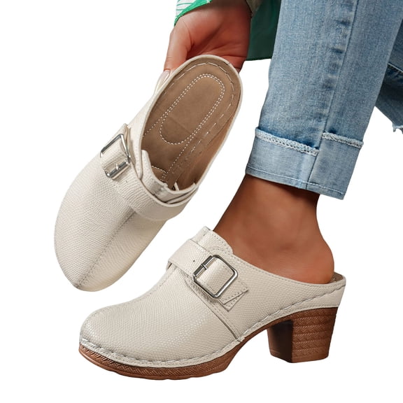 Rokment Buckles Platform High Heels Clogs Mules Sandals for Women Ladies 2026 Fashion Casual Leather Closed Toe Chunky Block Pumps Dress Slip on Slides Summer Shoes Beige Size 6