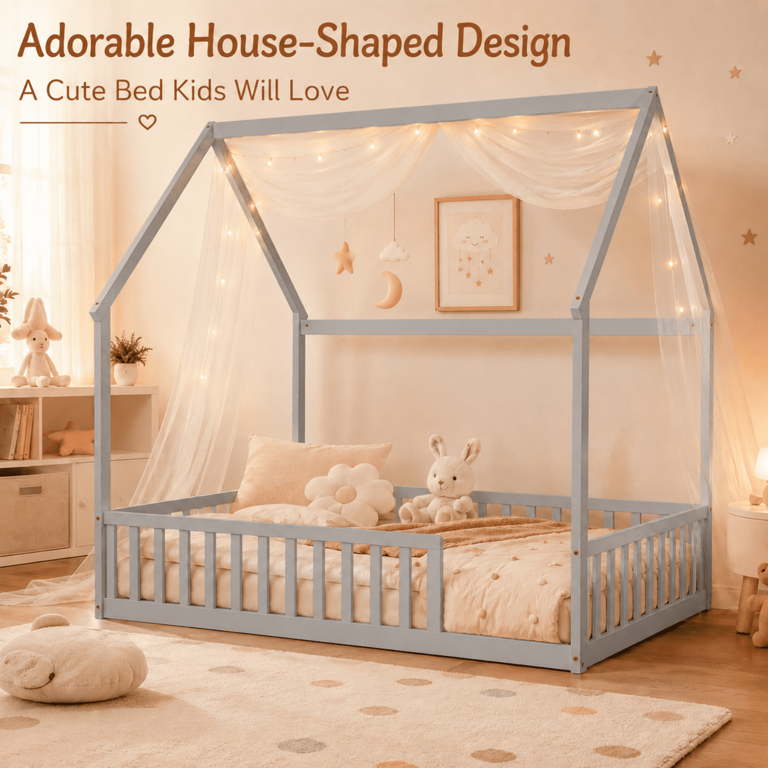 Miniyam Full Size Kids House Floor Bed with Fence, Wood Montessori Bed Frame, Gray