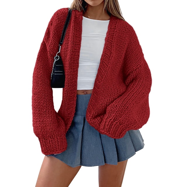 Suéter Cardigan PRETTYGARDEN Manga Larga Tejido Grueso Rojo S