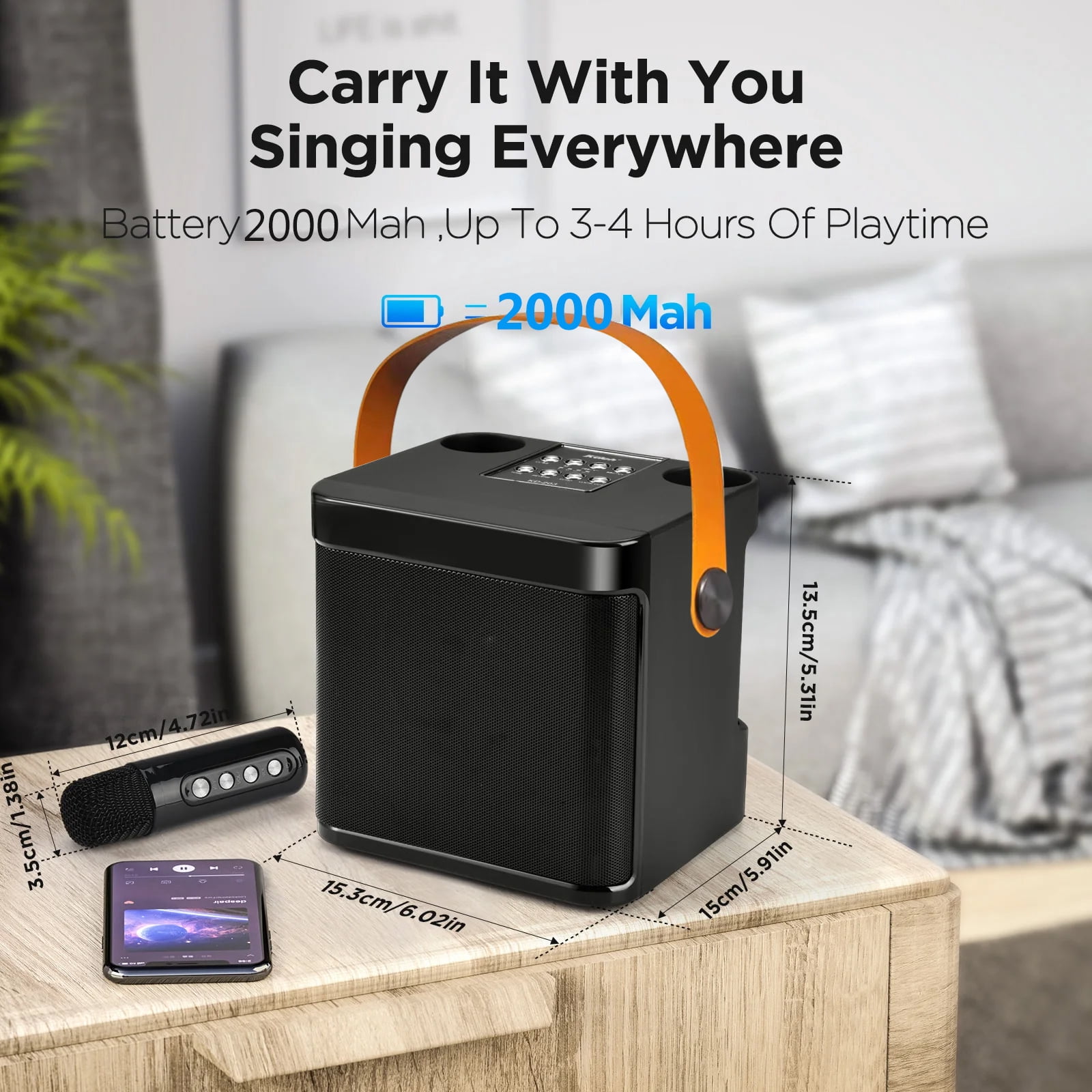 Handled Karaoke Machine with 2 Wireless Mics, Portable Bluetooth Speaker for Home Party & Gifts for Adults, Kids, Boys & Girls Black Orange