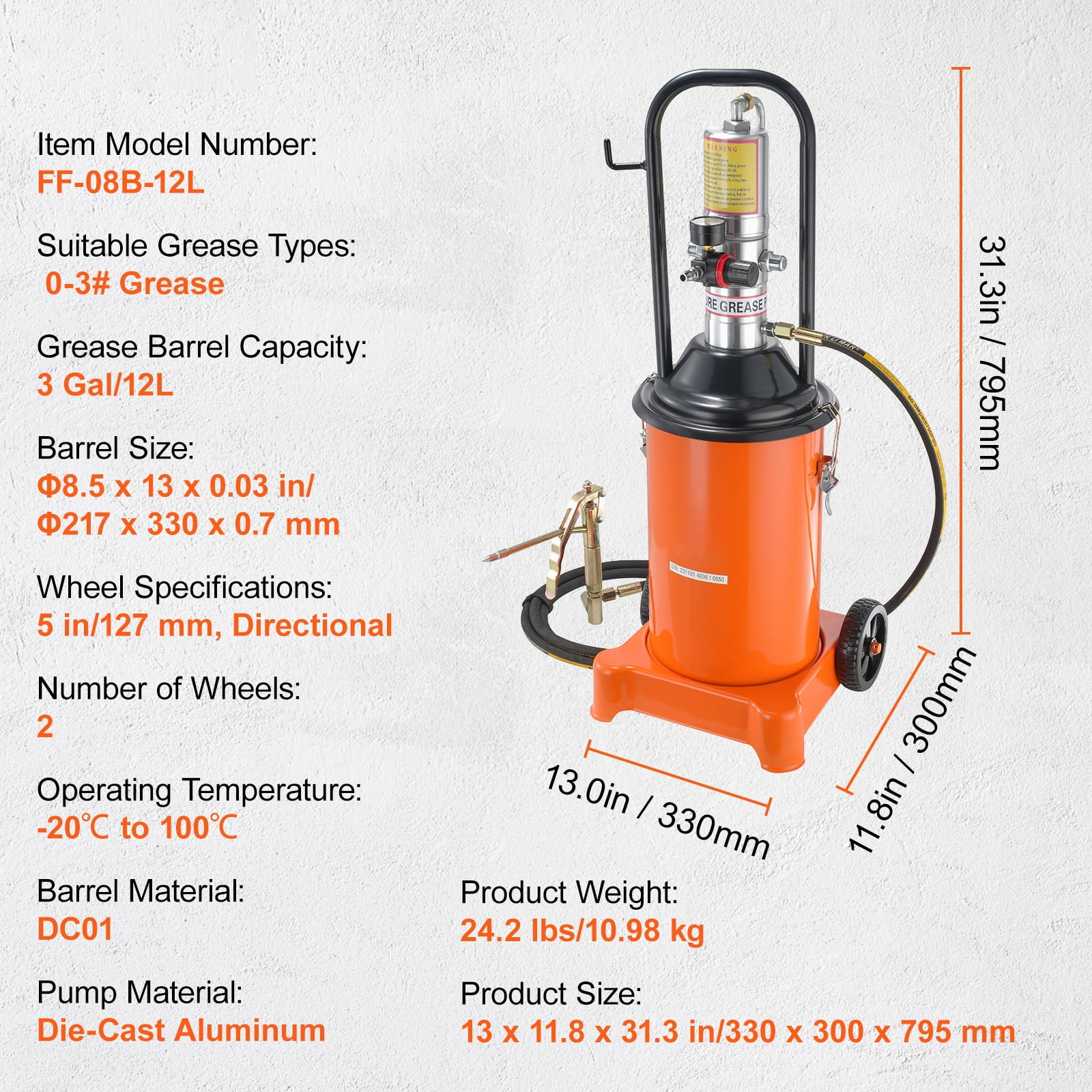 KFFKFF Lubrication Pump, 3 Gallon 12L, Pneumatic Grease Pump with 13 ft Pressure Hose and Grease Gun, Air Powered Grease Drum Pump with Wheels, Mobile Grease Pump with 50:1 Pressure Ratio