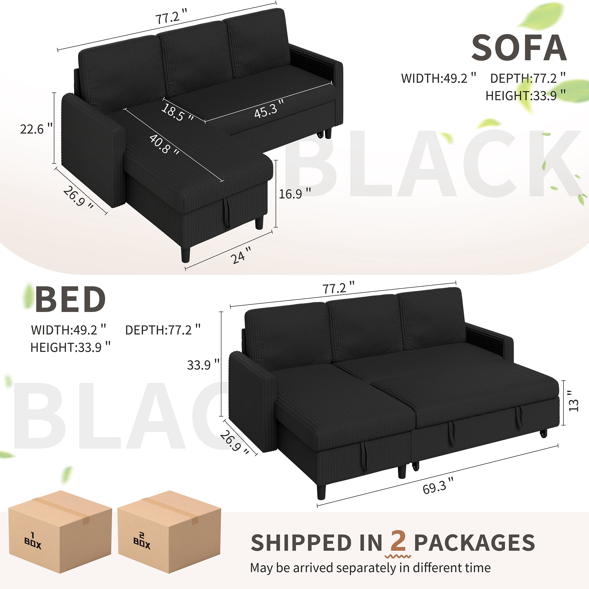 Walsunny Pull Out Sectional Sleeper Sofa Bed L Shape Couches with Reversible Storage Chaise for Living Rooms Small Rooms Apartment,Black
