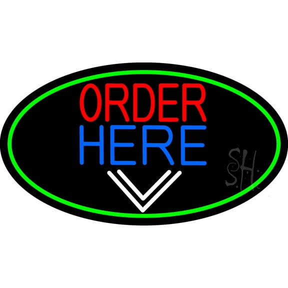 Order Here With Down Arrow Oval With Green Border LED Neon Sign 13 x 24 - inches, Clear Edge Cut Acrylic Backing, with Dimmer - Bright and Premium built indoor LED Neon Sign for Bar decor.