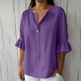 thumbnail image 6 of Naotn Ruffle 3/4 Sleeve Linen Shirts for Women Summer Casual Solid Color Button V Neck Tunic Tops, 6 of 8
