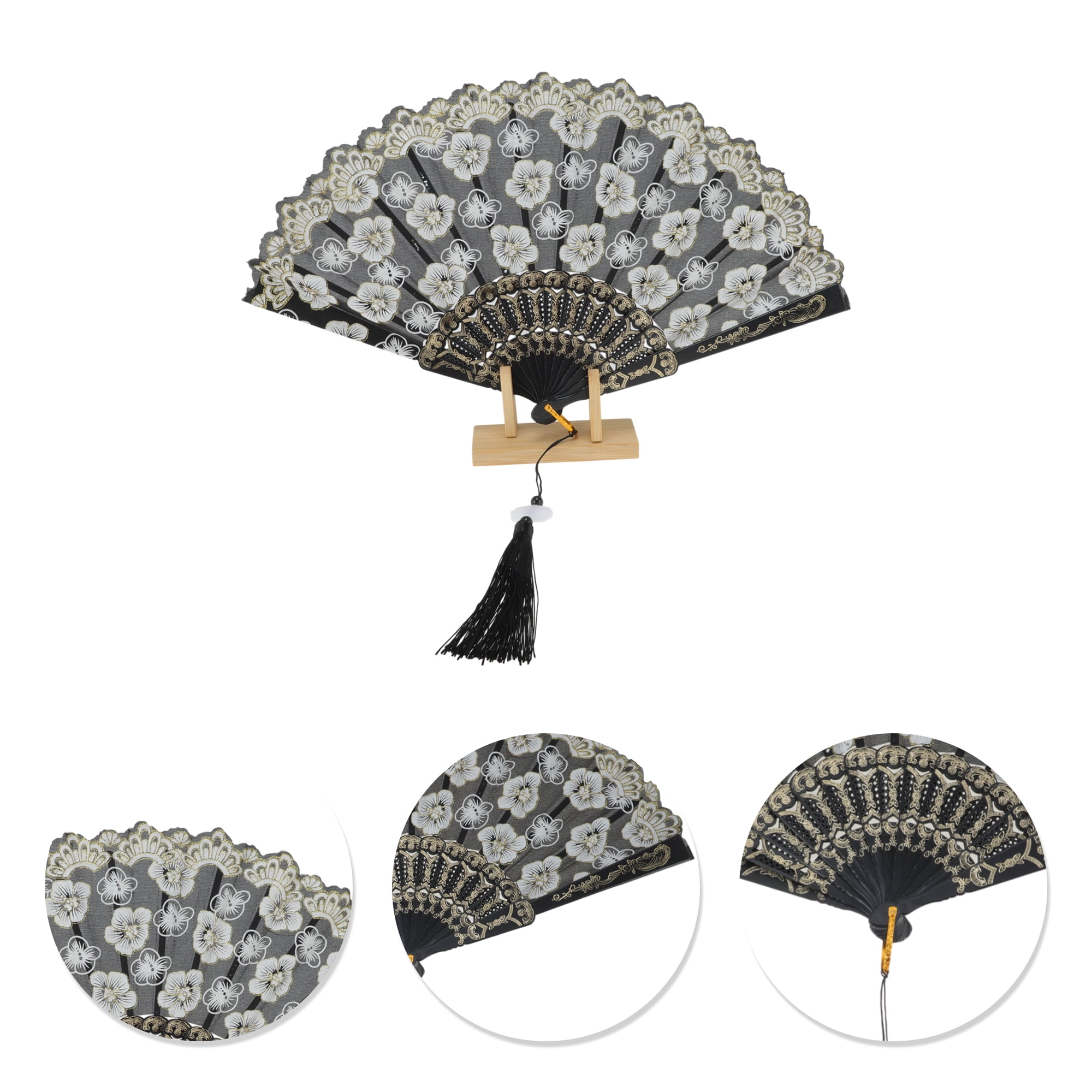 Unique Bargains Elegant Cherry Blossom With Tassel Folding Fan 1 Pc Black