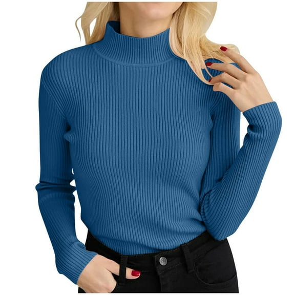 UJNDER Ribbed Pullover Sweater for Women Turtleneck Elegant Knitted Long Sleeve Slim Fit Autumn Winter Blue One Size
