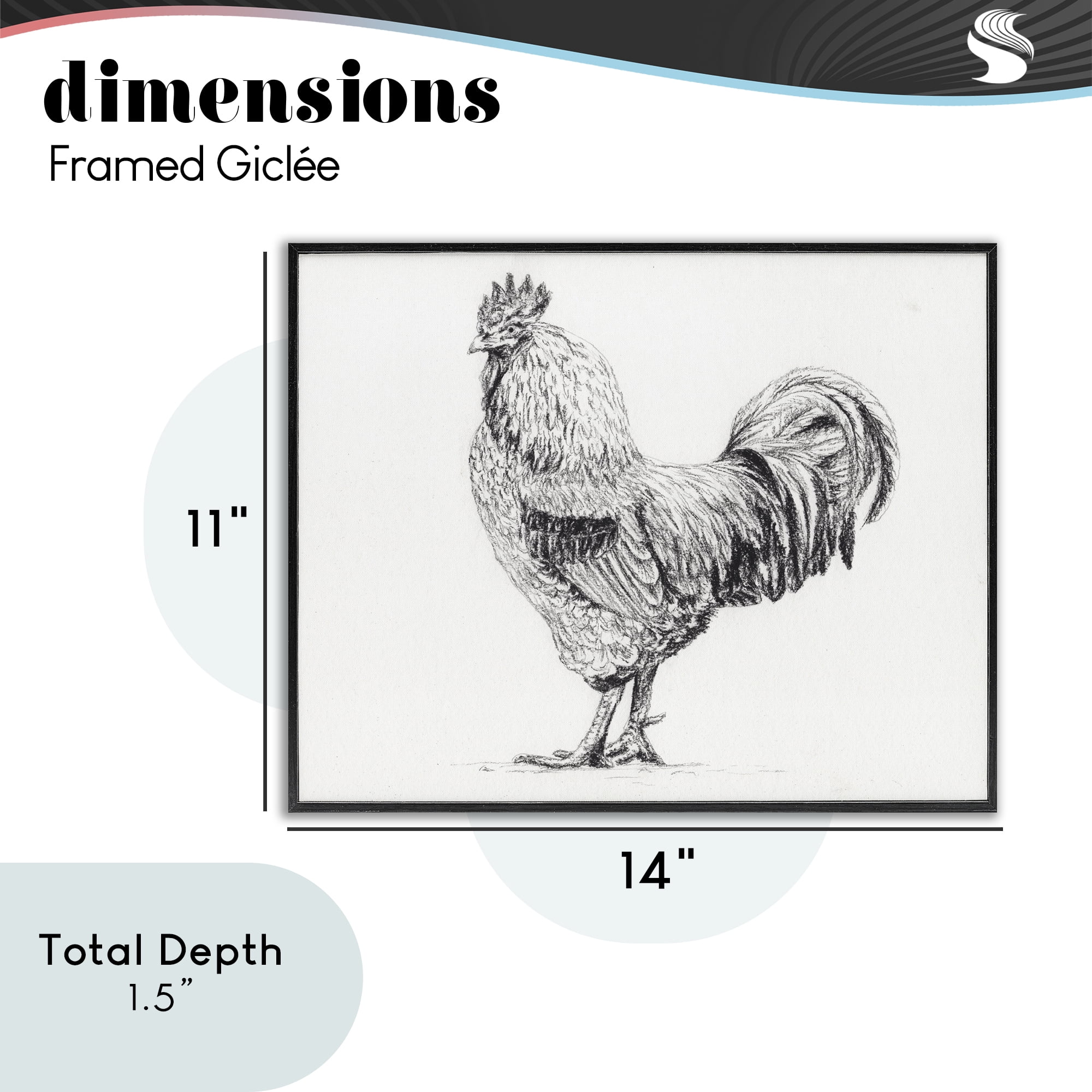 Stupell Industries Rooster in Charcoal Black Framed Giclee Art, design by Leah Noel Art