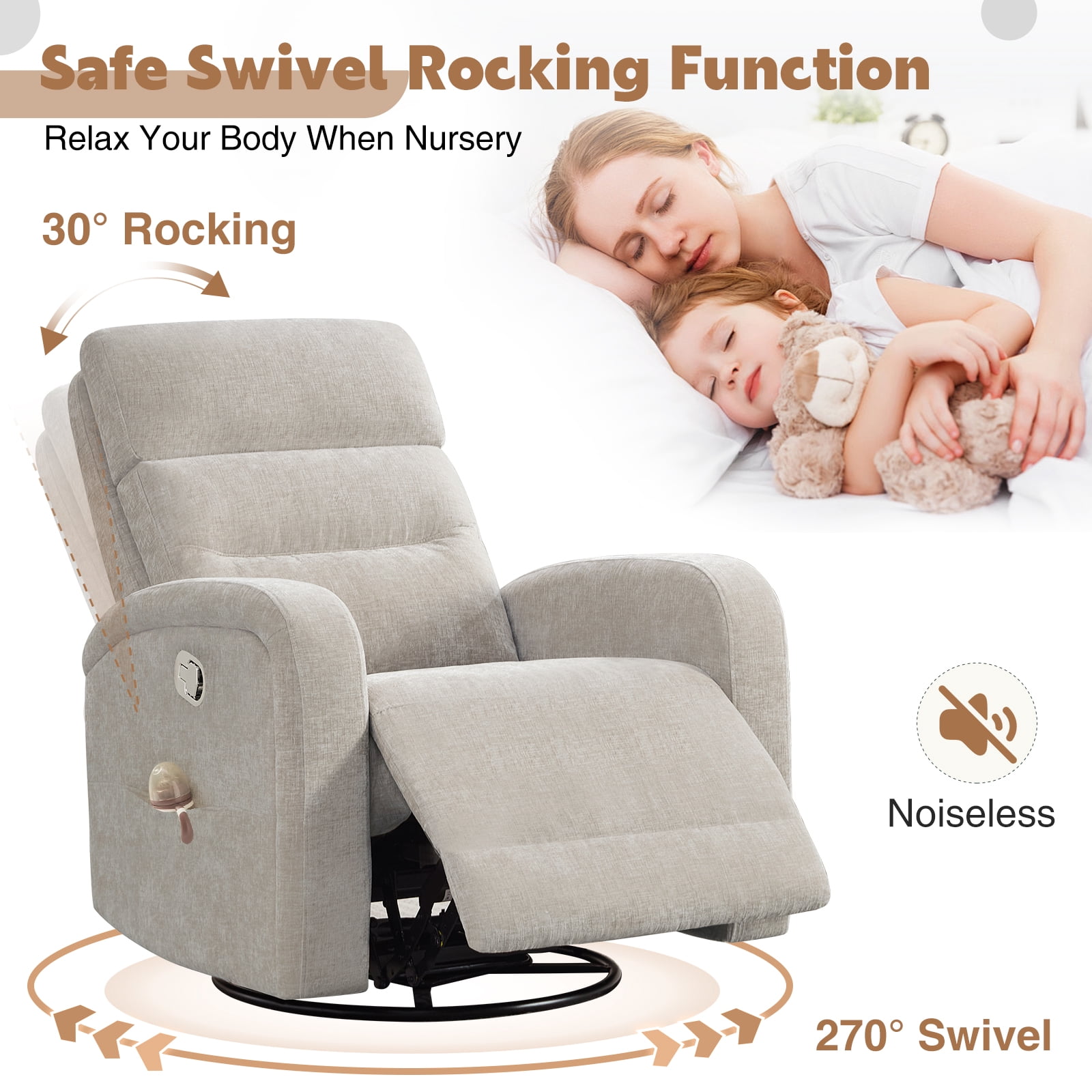 Aemeios Manual Swivel Rocker Recliner, Chenille Nursery Chair with Pockets, Camel