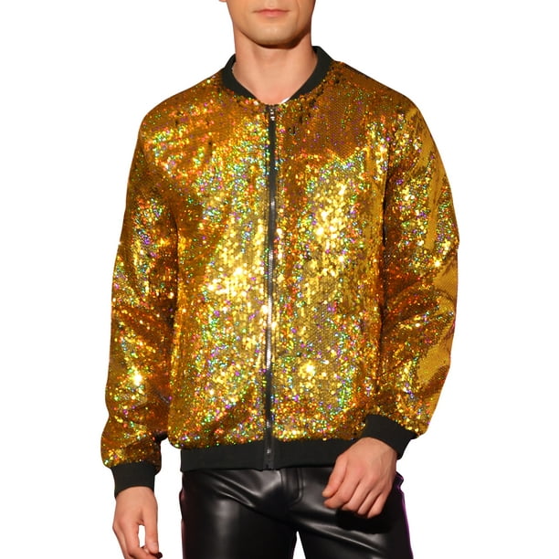Chaqueta con lentejuelas INSPIRE CHIC para hombre, con cremallera, de mangas largas, estilo disco brillante, bomber, 2XL dorada