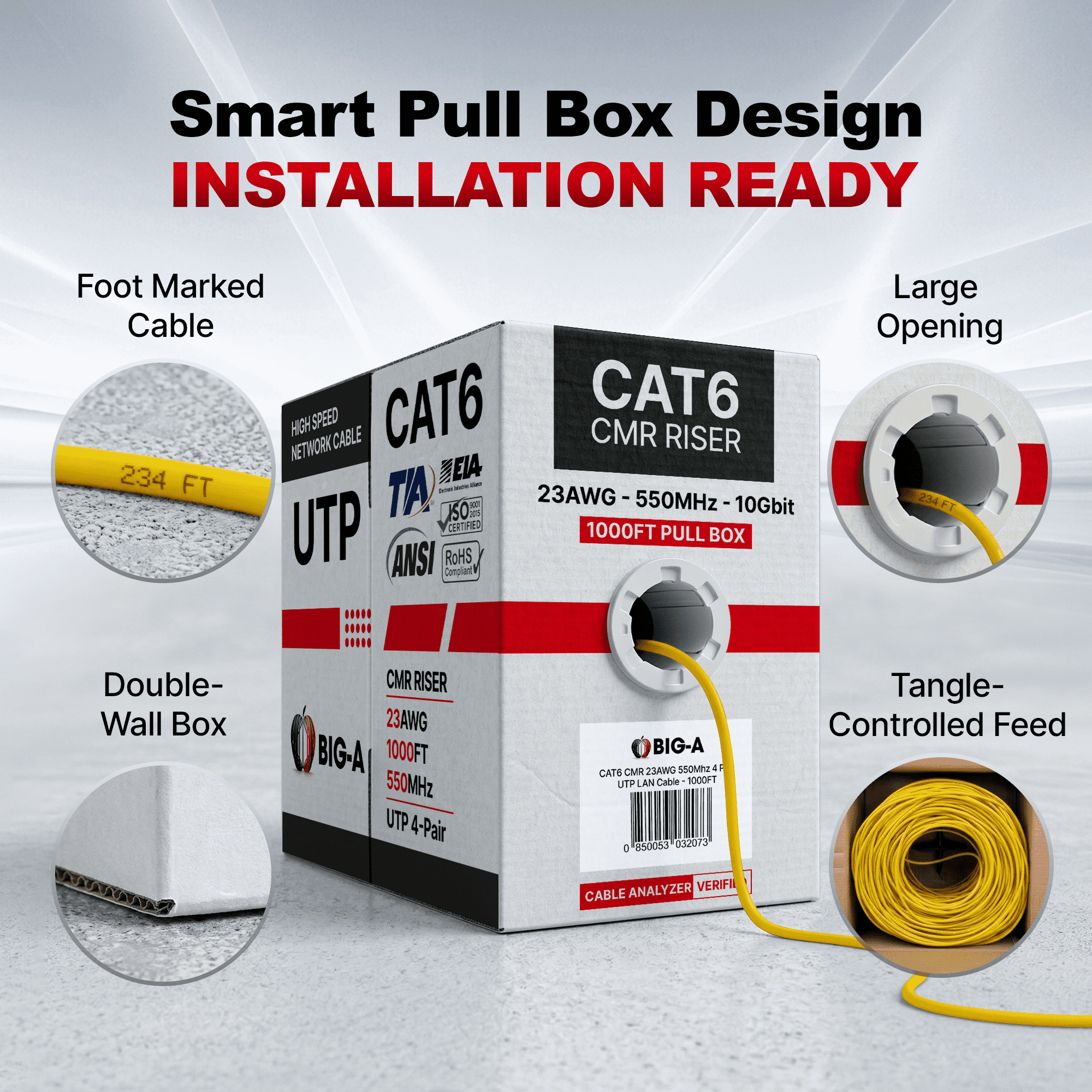 Big-A - Bulk Cat6 Cable 1000ft 23AWG Solid 4 Pair, Cat 6 Ethernet Cable Unshielded Twisted Pair (UTP), (CMR) 550MHz Internet Cord, Pull Box - Yellow