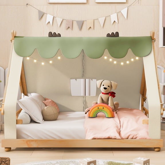 Full Size House Bed with Tent and Light,White