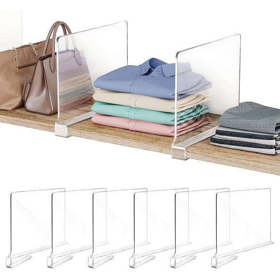 GoXteam 6 pcs Shelf Dividers for Closet Organization Acrylic Clear Closet Shelf Divider for Wooden Shelving Suitable for Wooden or Vertical Shelves Or Bedroom, Kitchen and Office
