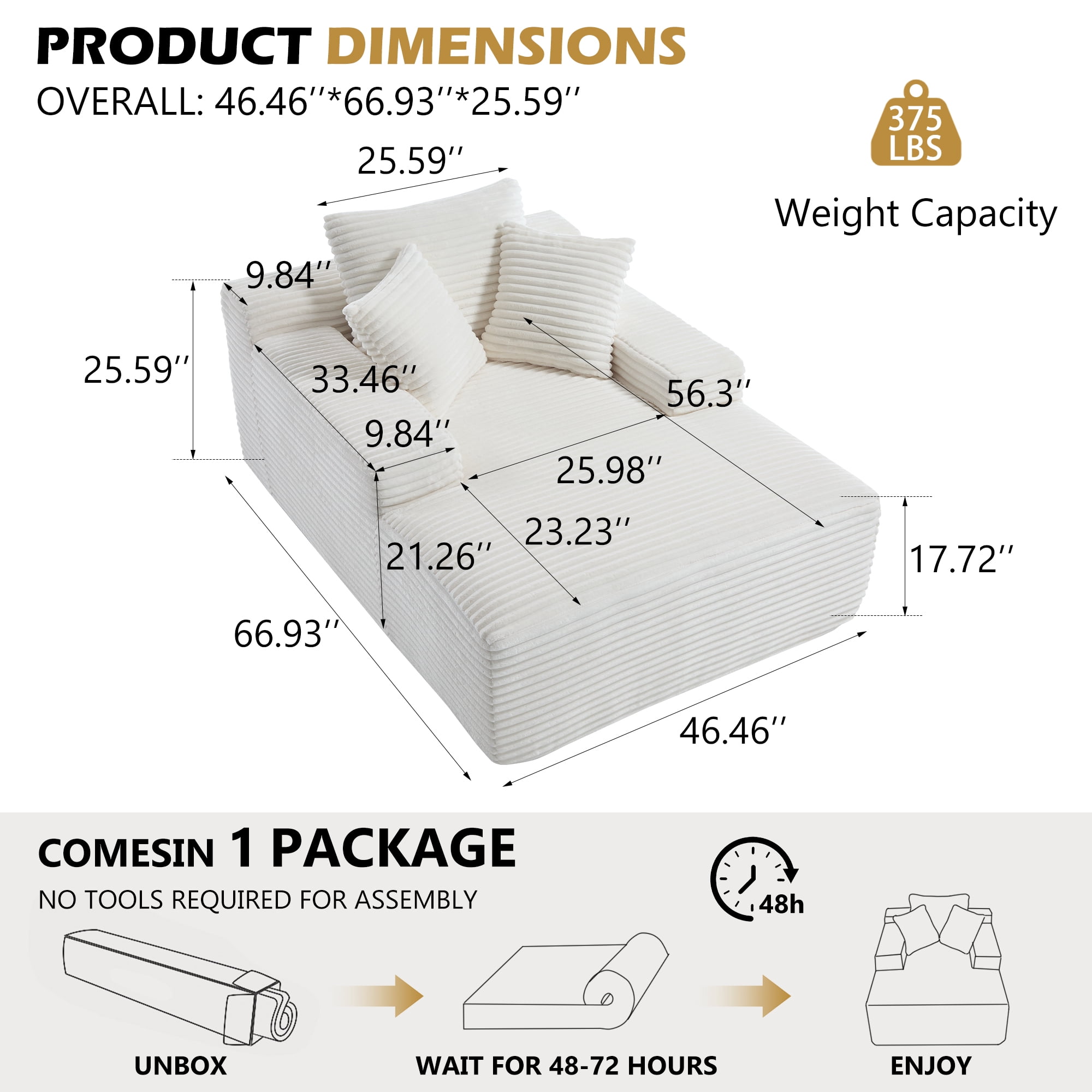 Leumius 67'' Oversized Chaise Lounge Chair Indoor,Cloud Plush Velvet Upholstered Deep Seat Sofa Bed with Back Cushion & Pillows,Cozy Sleeper Sofa Couch for Living Room, No Assembly Required,White