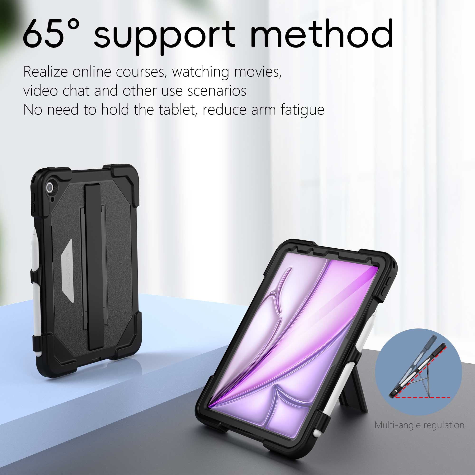 Rugged Case for Apple iPad Air 11 Inch M4 M3 M2 2026 2025 2024, with Build in Screen Protector & Pencil Holder Kickstand Hand Strap Cover, Black