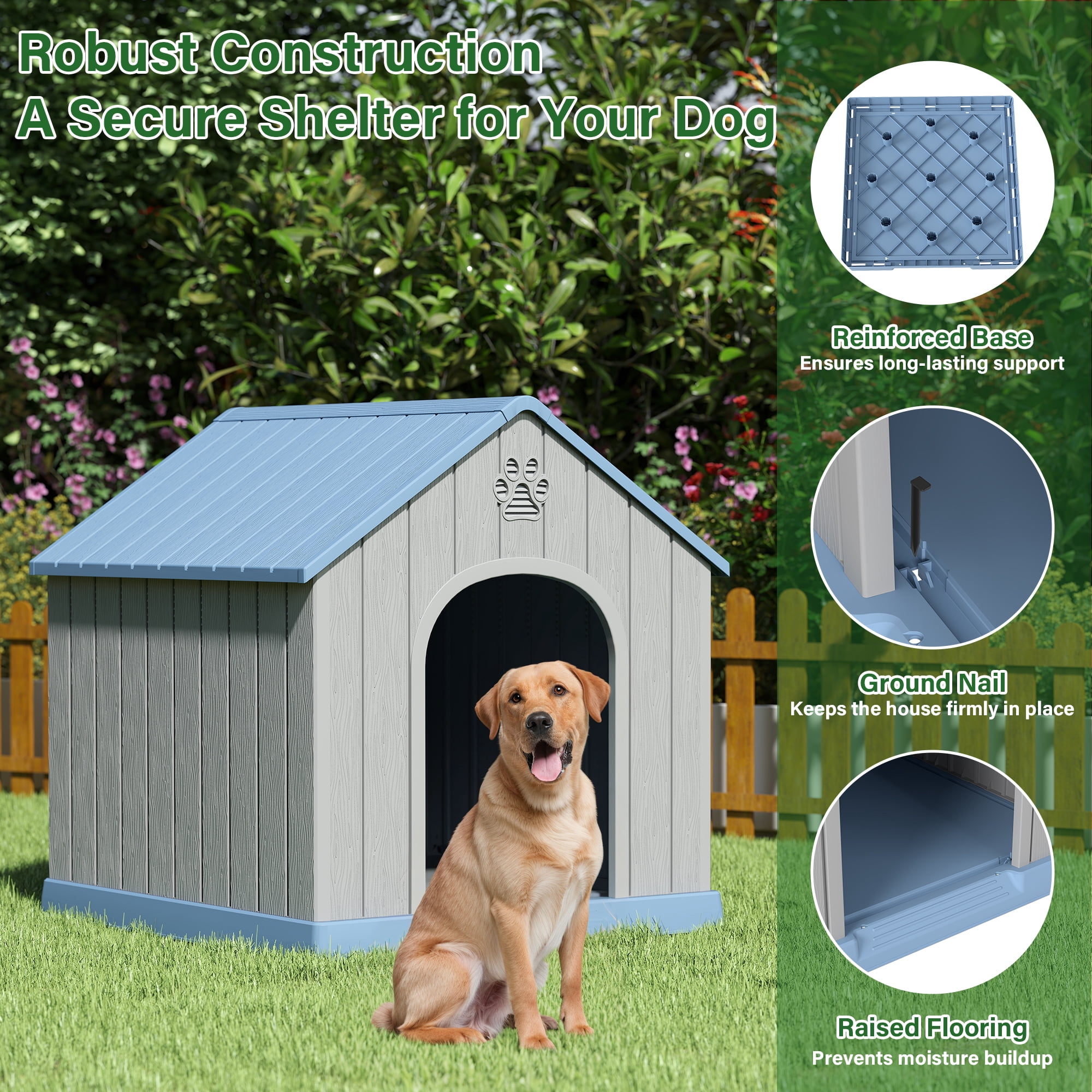 Nihsuao Dog House for Medium Large Dogs, Durable PP Waterproof Outdoor & Indoor Dog Shelter with Air Vents, Elevated Floor, Easy Clean and Assemble, Blue (36.2"L×38"W×38"H)