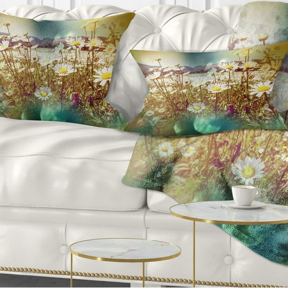 Designart Chamomile Flowers in Summer Garden - Landscape Printed Throw Pillow - 12x20